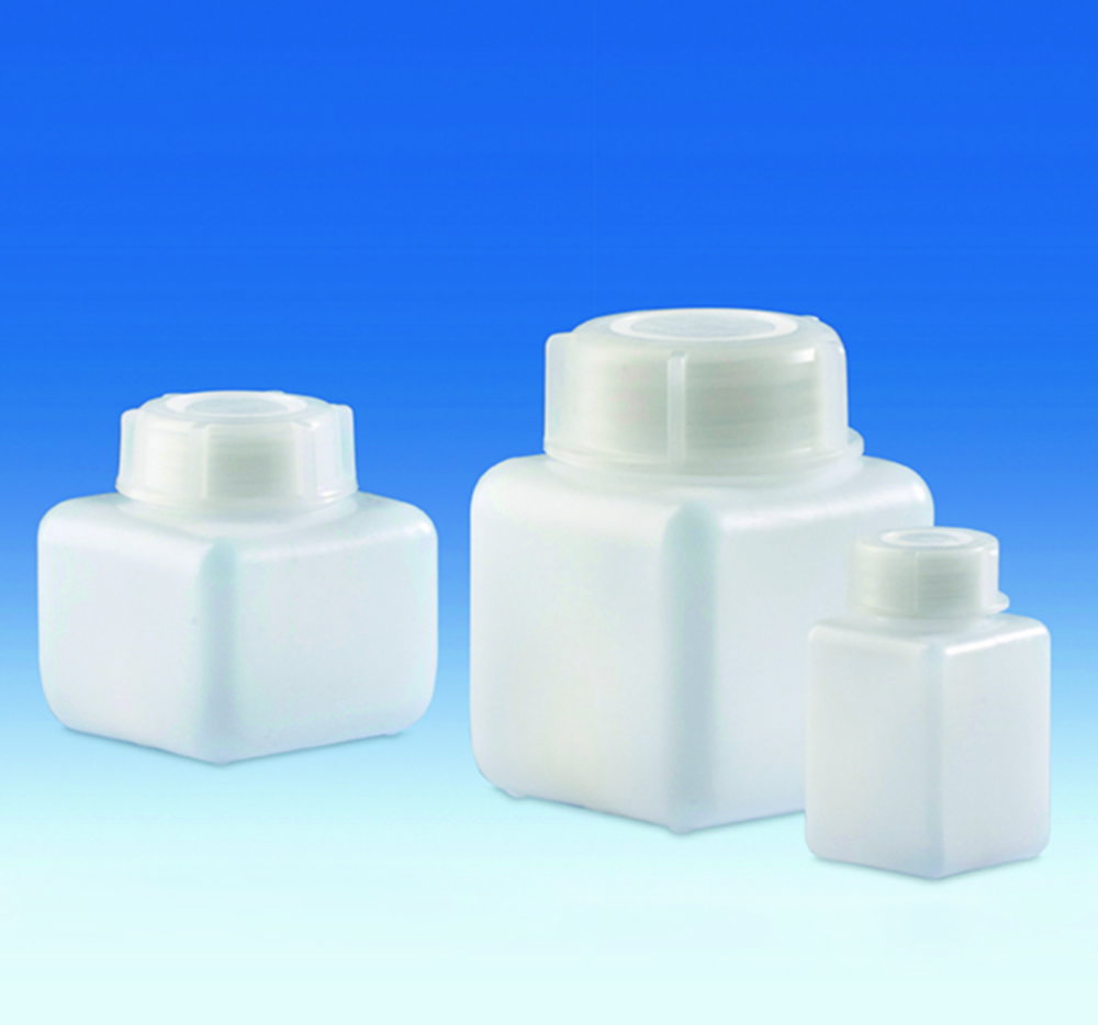Bottiglie quadrate a bocca larga, HDPE, con tappo a vite, LDPE