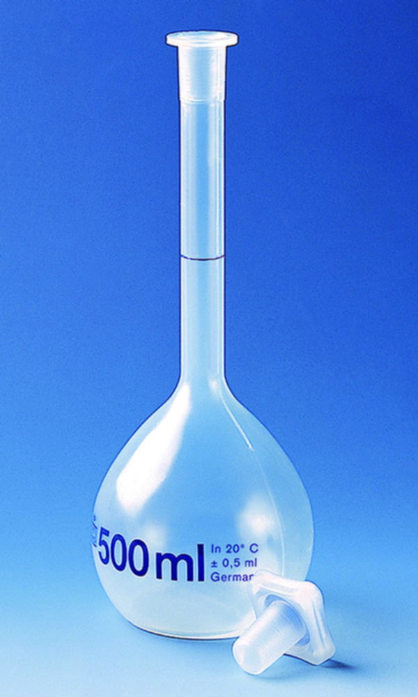 Pallone volumetrico da 100 ml, PMP classe B, NS 14/23, con tappo in PP altezza 180 mm