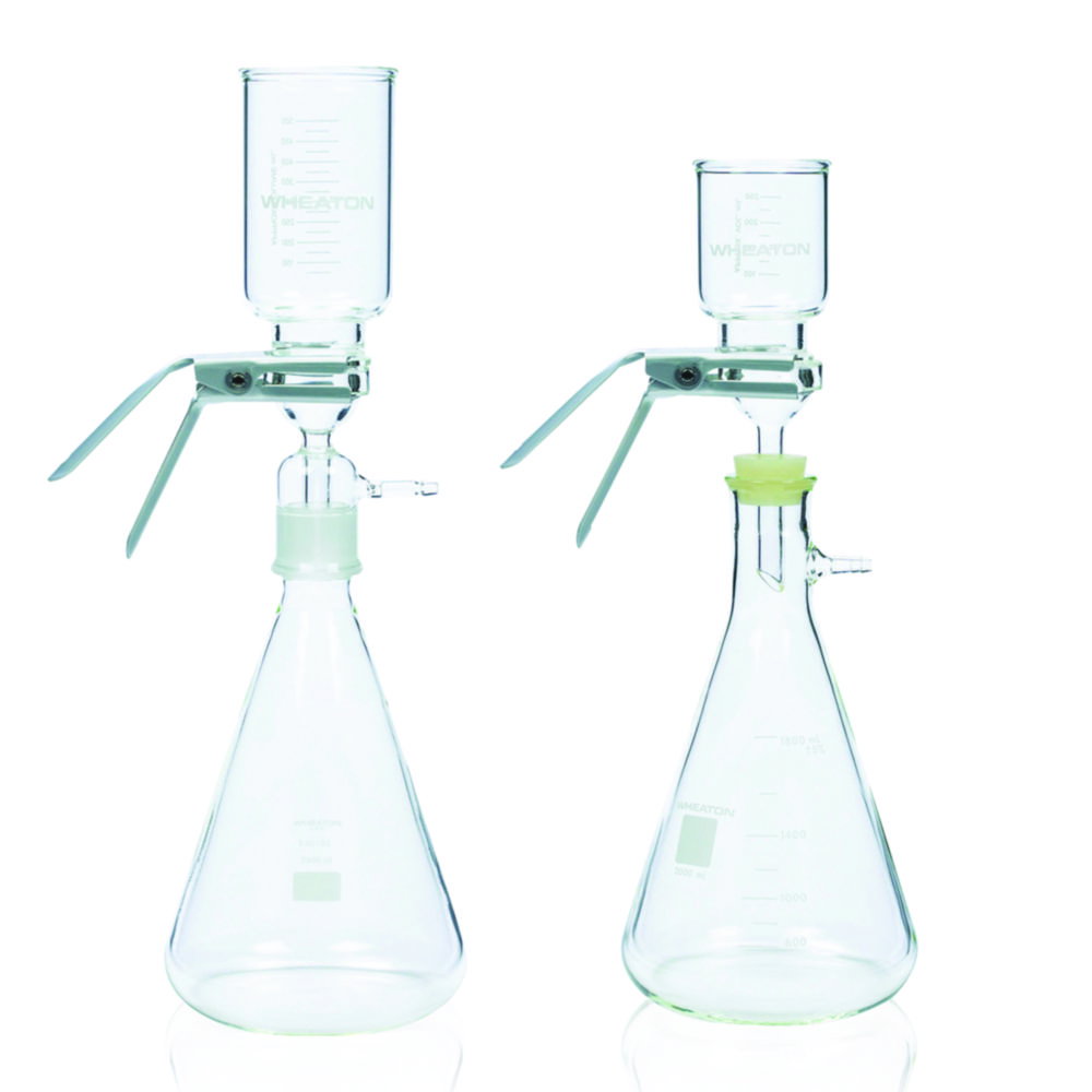 Apparecchio filtrante con supporto in acciaio inox, con morsetto in alluminio anodizzato e tappo in silicone